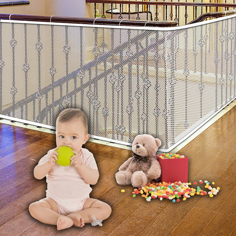 JIFTOK Stairway Net - Baby Safety Rail - Balcony Railing Guard -10ft L x 2.6ft H Banister Proofing Stair for Child, Small pet,Toy- Indoor & Outdoor(White) - Image 1
